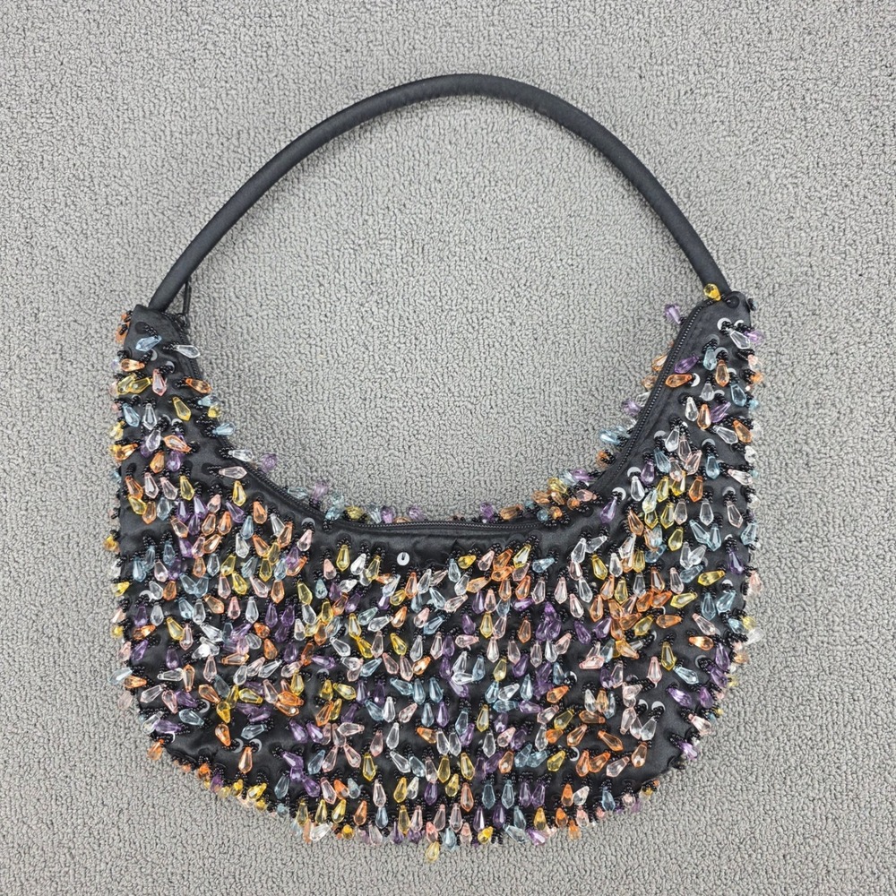 Unbranded Beaded Crescent Hobo Bag Women Black Multi Sequin Evening Purse OS